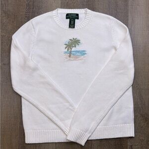 Lauren Ralph Green Tag Vintage White Sweater with Palm Tree Design